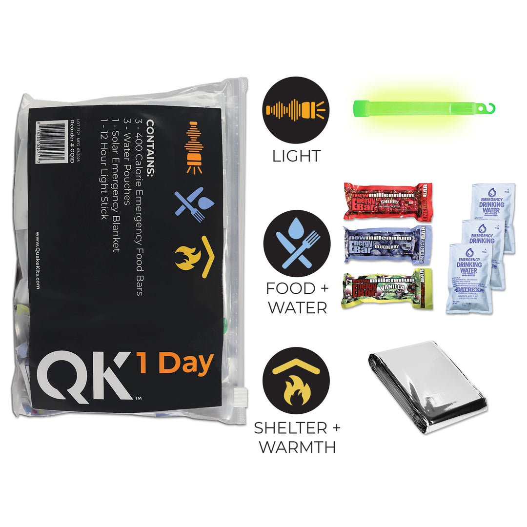 Quake Kits 1 Day Quick Grab Survival Kit in resealable bag, includes emergency food, light stick, and Mylar blanket.