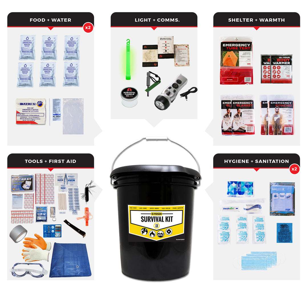 2 Person Survival Bucket Kit in Stealth Black. For evacuation and emergency preparedness. Toilet seat lid.