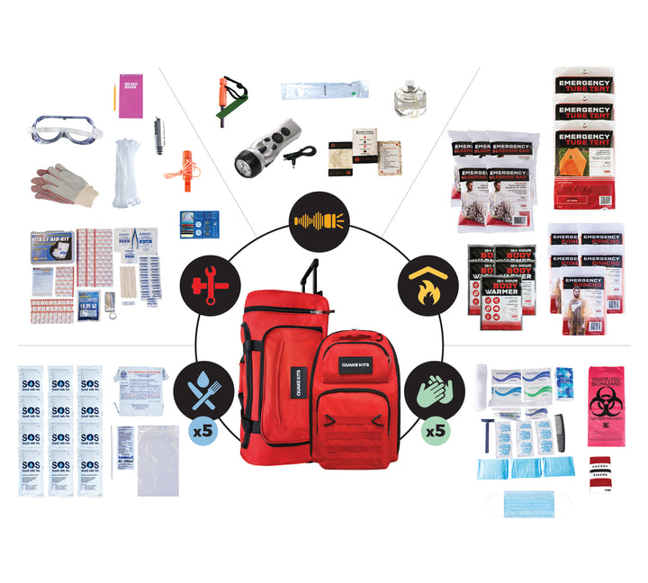 5 person emergency survival it for disaster and earthquake preparedness. 3 days of supplies for 5 people.