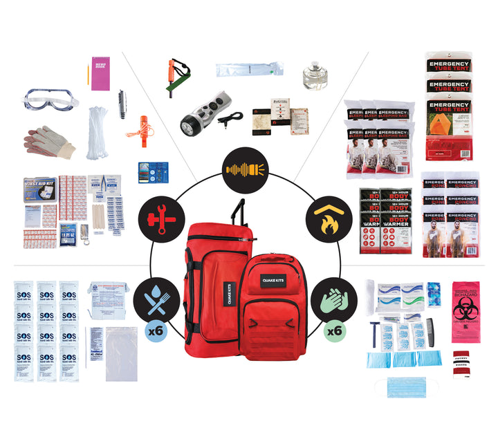 6 person family and office survival kit with 72 hours of survival supplies for earthquakes and other disasters.