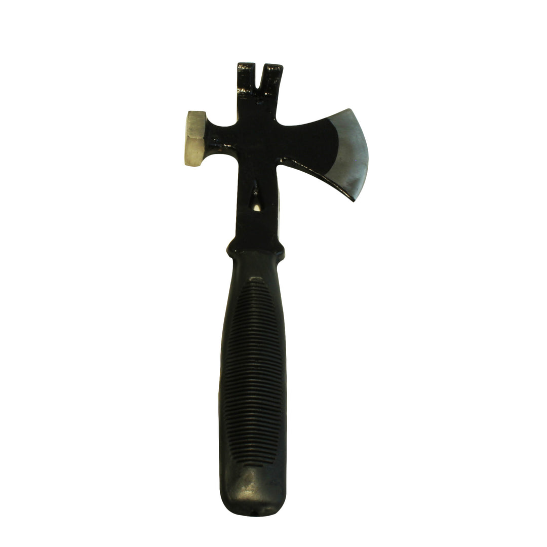 3 function survival hatchet with grip, nail puller, hammer and axe blade.