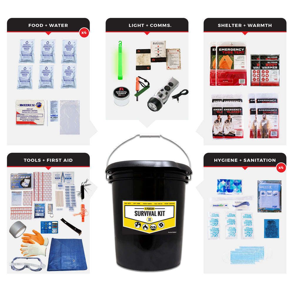 4 Person Family Survival Bucket Kit for emergency preparedness and evacuation. Stealth black bucket with toilet lead and survival tools. Comes with food storage and purified water.