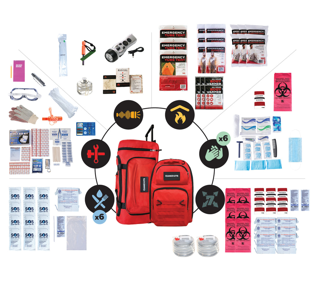 6 person survival kit with 1 week of disaster supplies including purified water, purification strips and survival tools + MRE.