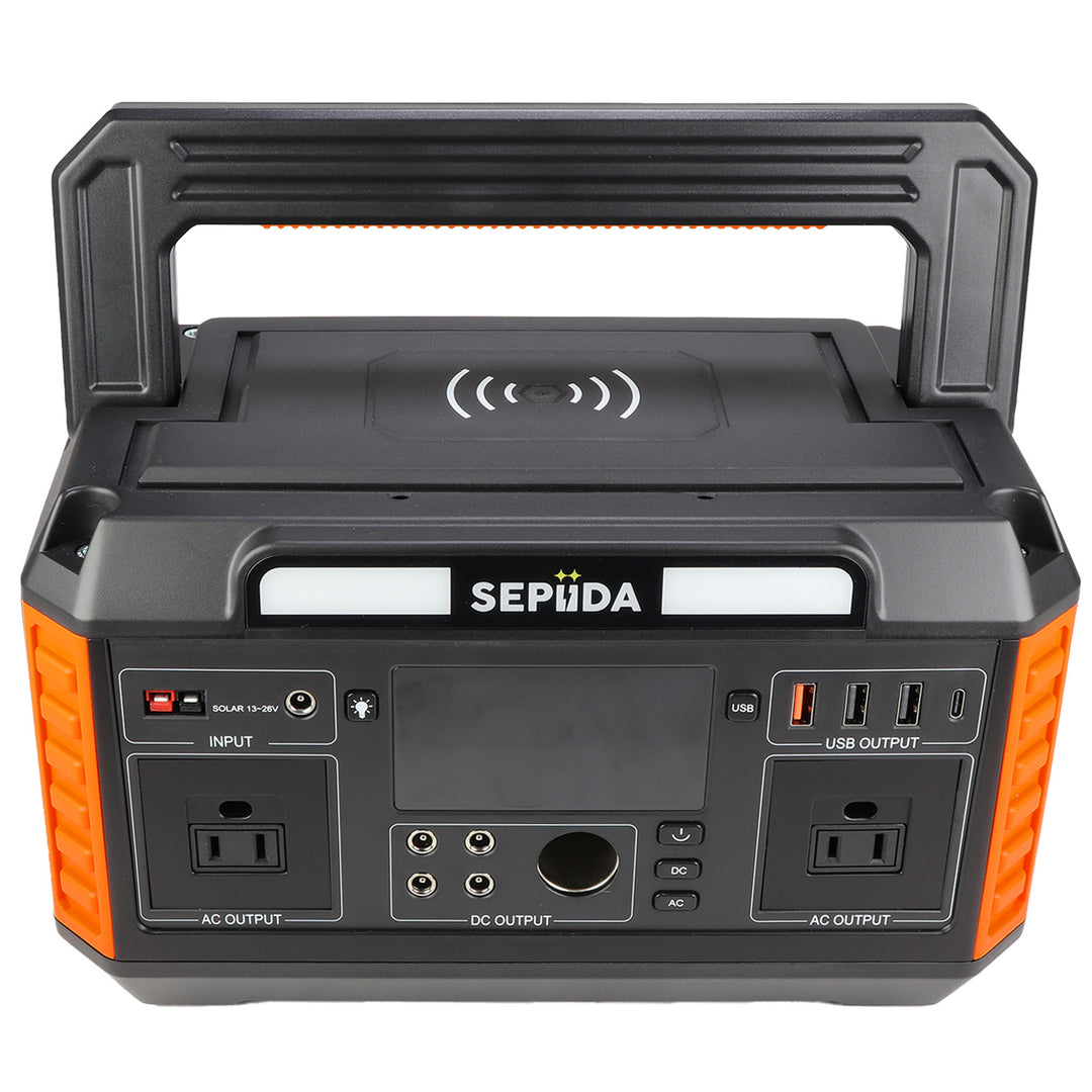 Sepiida power bank power station with solar capabilities and wireless charging. Portable LED Power Station