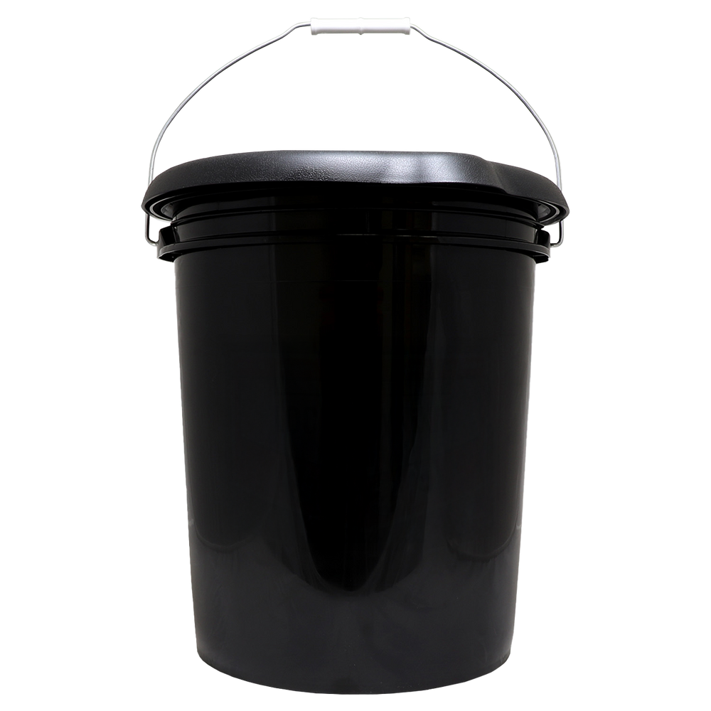 Black bucket camping toilet bucket with a handle on a white background porta-potty