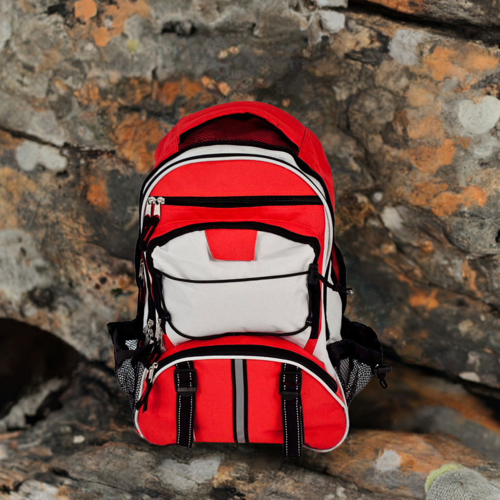Heavy duty hiking backpack next tou boulders