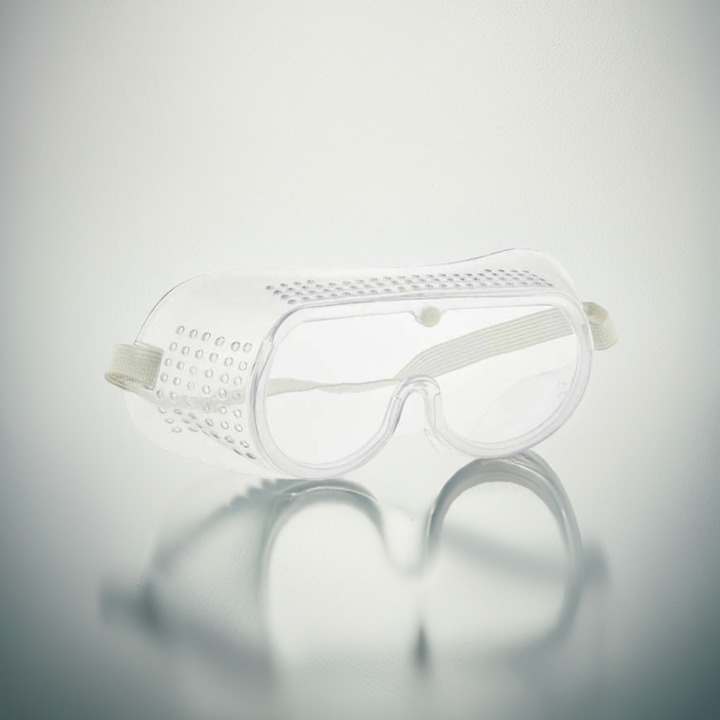 Lab safety googles with adjustable strap, anti fog and passive ventilation.