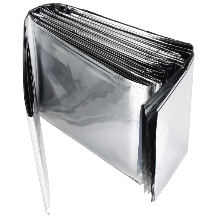 Emergency survival blanket that retains body heat with reflective mylar material.