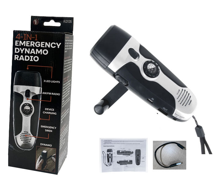 4-in-1 Emergency Dynamo Radio with packaging on a white background