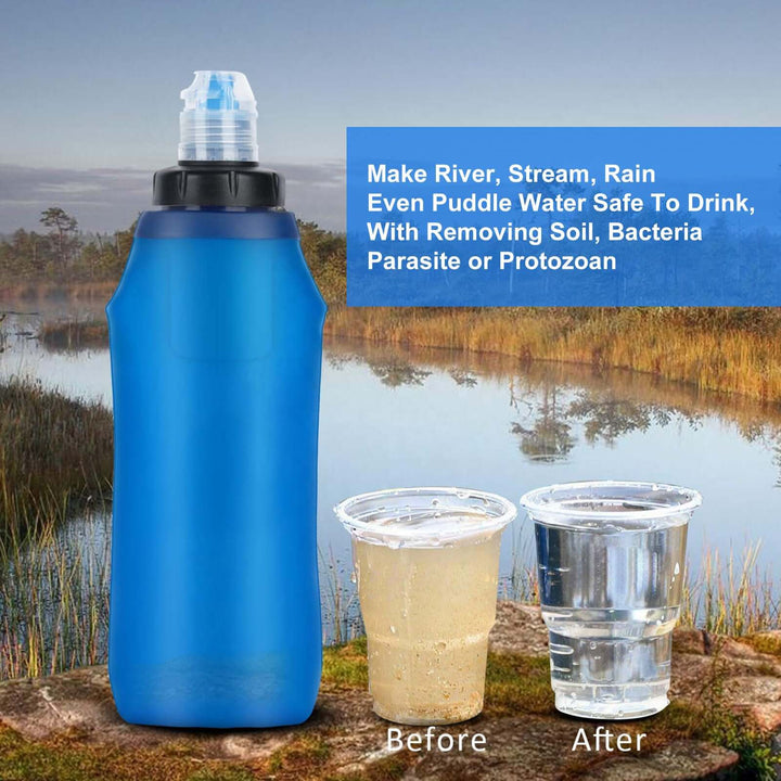 Collapsible Water Filter Bottle with clean drinking water transformation, showing before and after filtration results.