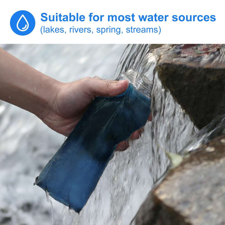 Hand holding HygieniSafe® Collapsible Water Filter Bottle under flowing water from a stream.