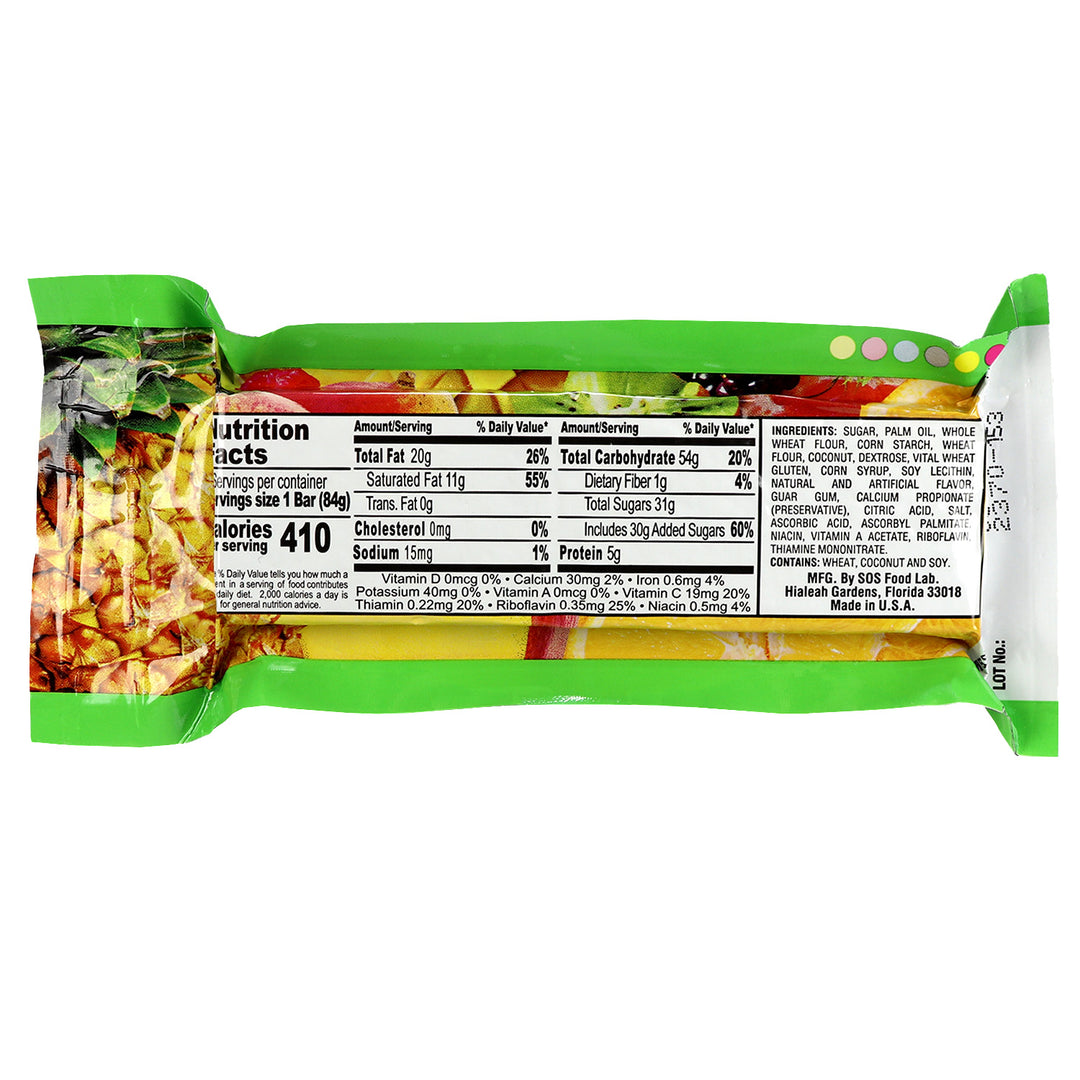New Millennium Tropical Fruit Snack bar packaging with nutrition facts label on a white background