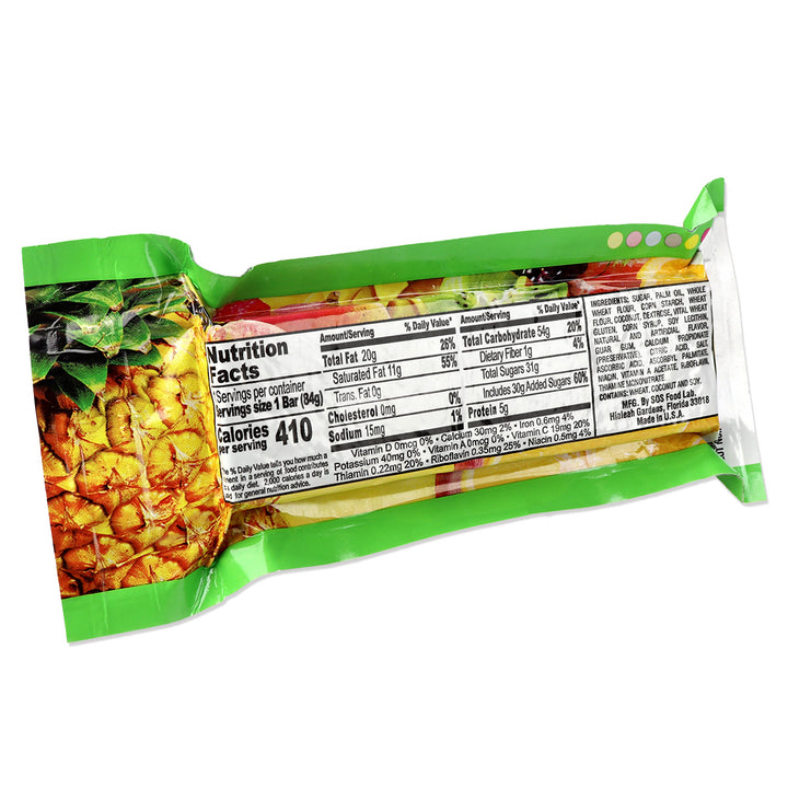 Pineapple fruit bar packaging with nutritional information on a white background