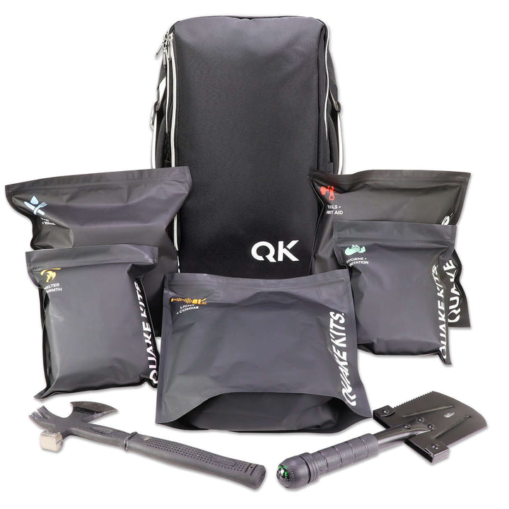 The Urban Survival Kit by Quake Kits. The ultimate stealth black city survival kit with food and self defense.