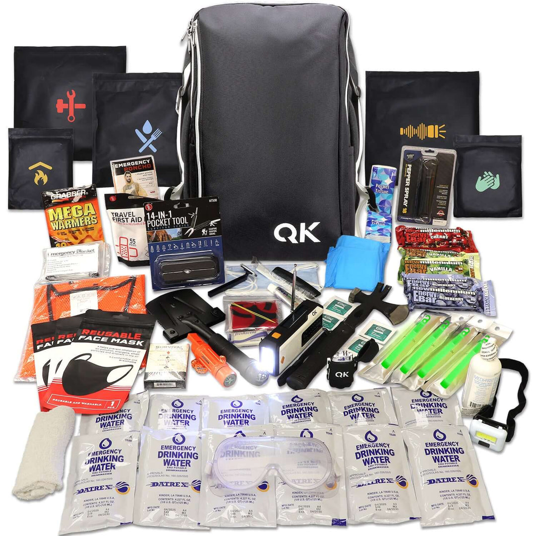 City and metro Urban Survival Kit and disaster kit for earthquakes, riots, disasters and civil unrest. Premium stylish backpack with laptop sleeve surrounded by survival gear.