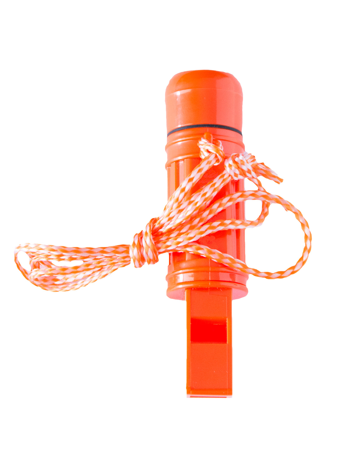 Orange 5-in-1 survival whistle featuring a loud whistle audible over a mile, integrated compass for navigation, signal mirror for long-distance signaling, flint starter for fire ignition, and a waterproof container, all attached to a convenient lanyard fo