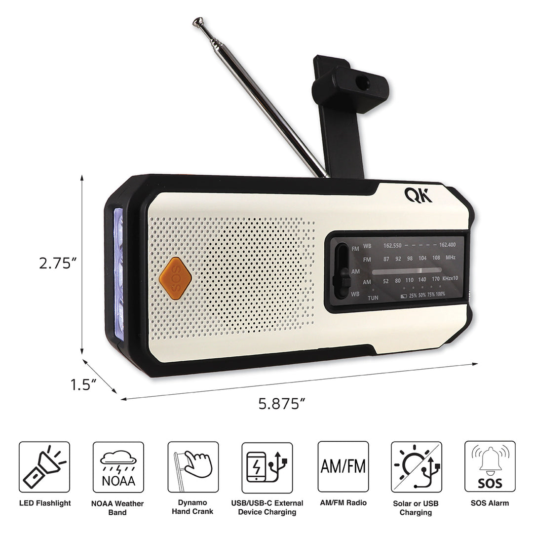 USB-C radio emergency tool with flashlight and weather band stations. Power bank radio and flashlight for device charging.