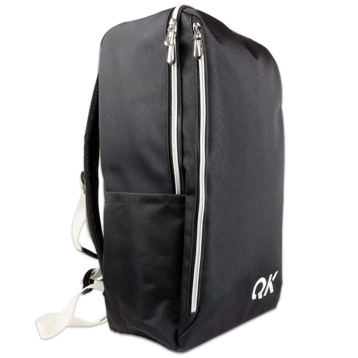 Black backpack with white zippers and 'QX' logo on a white background used for Urban Survival Kit