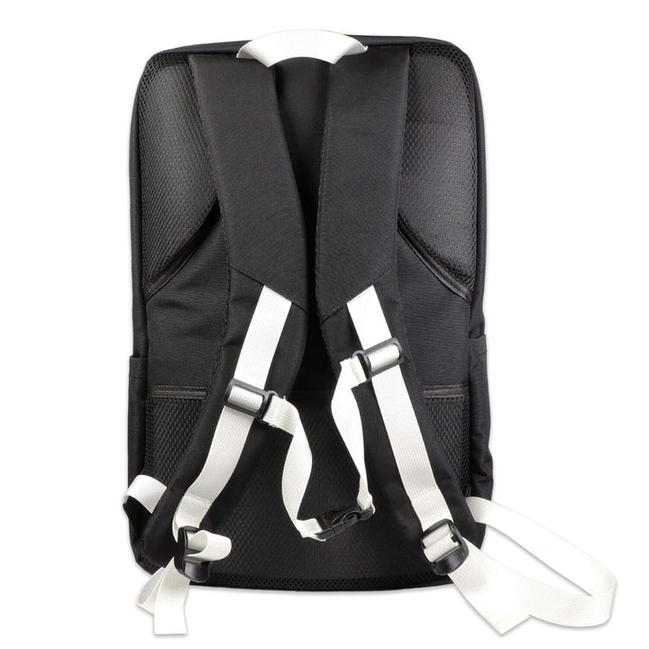 Black designer backpack with white straps on a white background used for the Urban Survival Kit