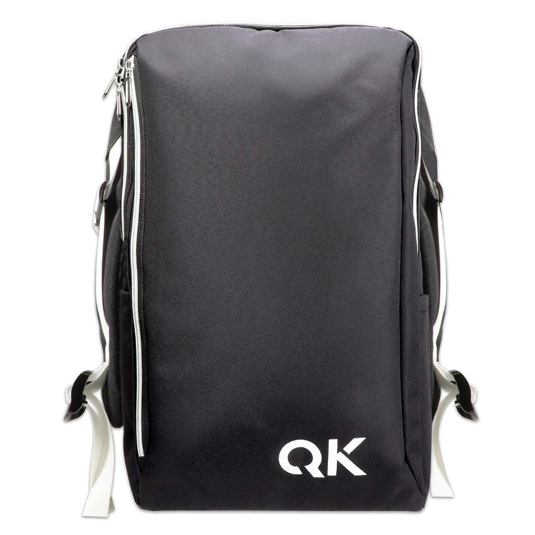 Black backpack with 'QK' logo on a white background used for Urban Survival Kit