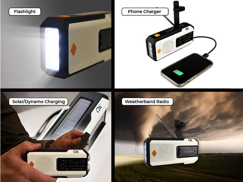 Multifunctional device with flashlight, phone charger, solar/dynamo charging, and weatherband radio features. Inside Urban Survival Kit