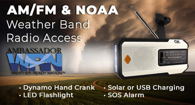 Radio with AM/FM, NOAA weather band, and additional features on a background of a stormy sky. Item inside Urban Survival Kit