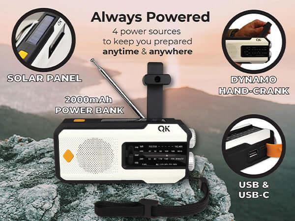 Portable radio with power bank features on a mountain background item inside Urban Survival Kit