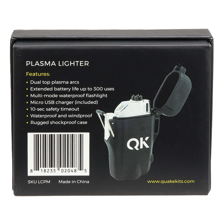 Back view of a plasma lighter packaging with features listed and QK branding item inside Urban Survival Kit