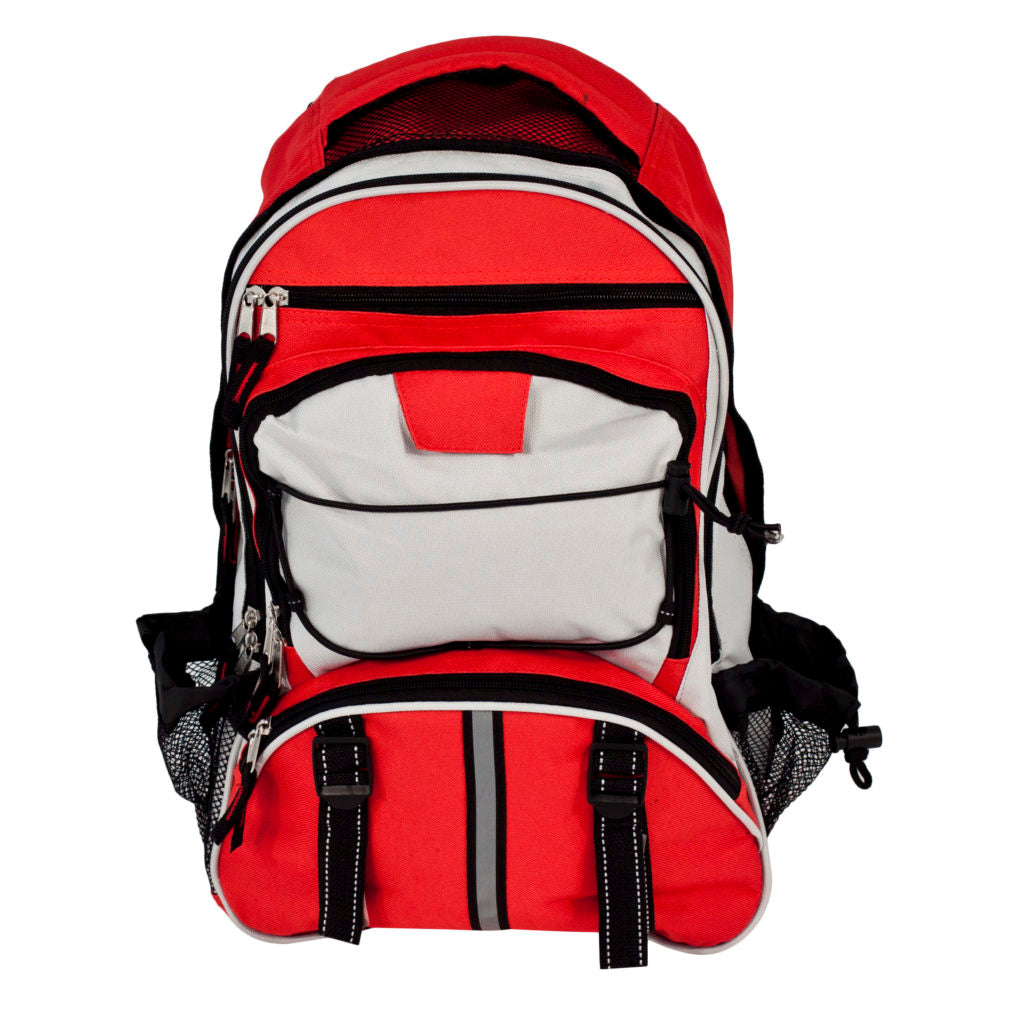 hikers emergency backpack in ready for anything red