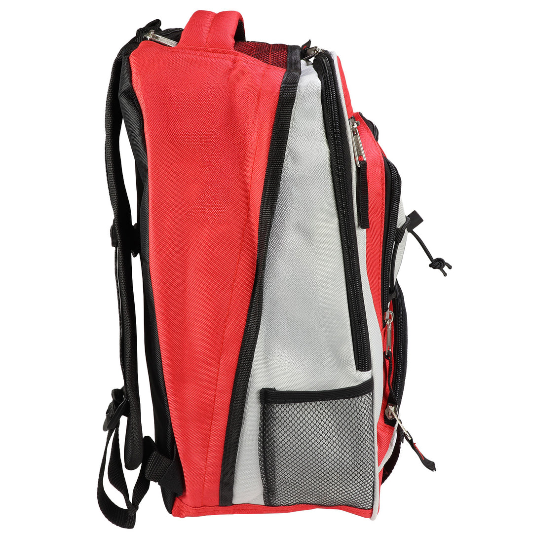 side profile for multi purpose hikers backpack in ready for anything red with water bottle holder