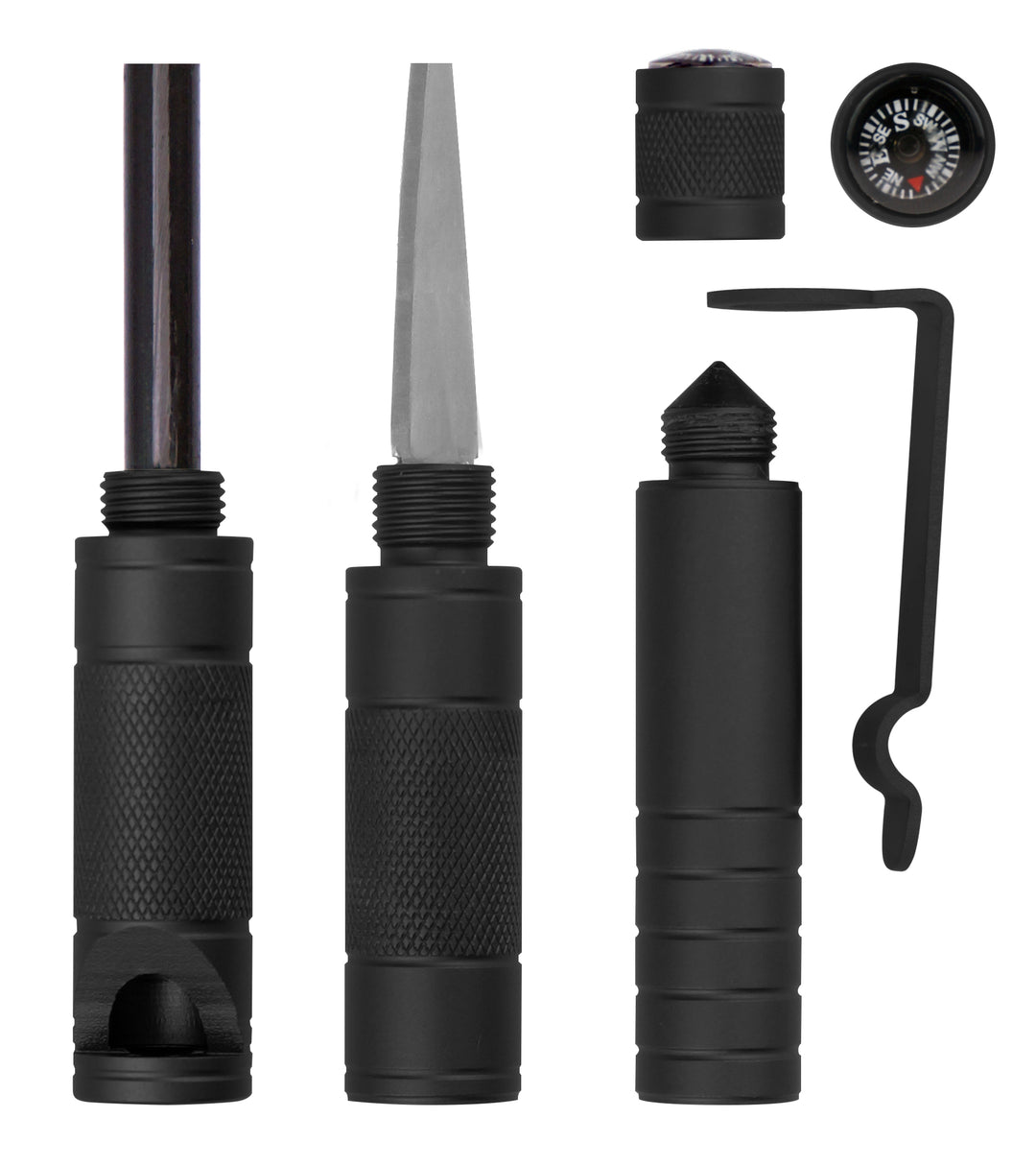 All functions of the survival tool broken out including emergency whistle, flint, striker, compass and clip.