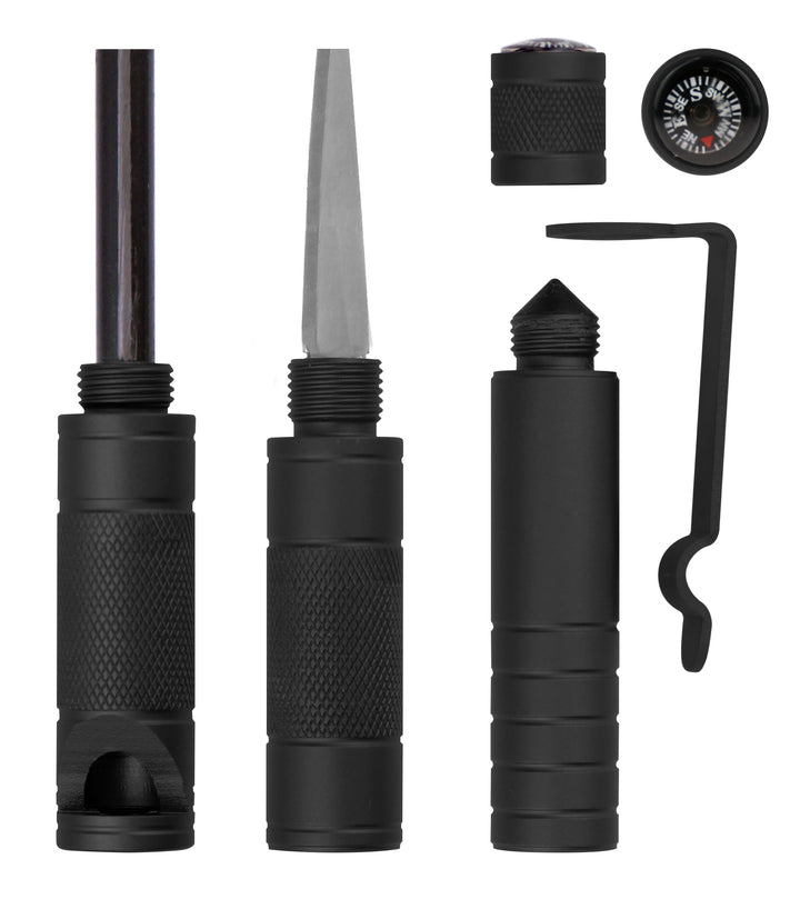 All functions of the survival tool broken out including emergency whistle, flint, striker, compass and clip.