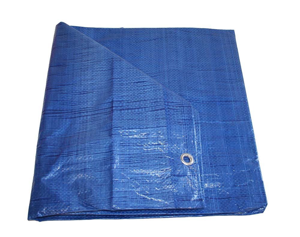 Large 5x7 blue waterproof tarp laid flat with reinforced grommets - durable survival supplies for ground cover, shelter, or camping.