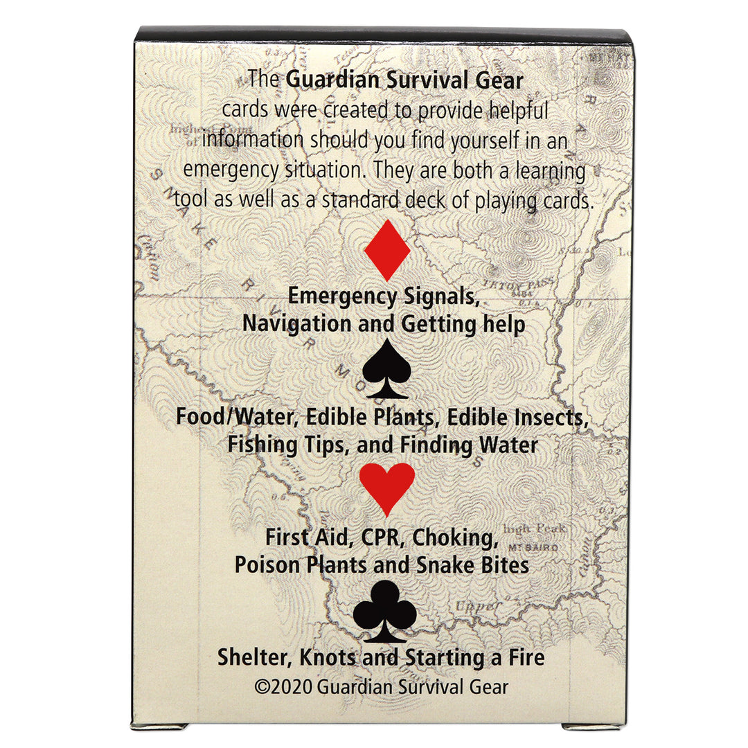 Back of survival card deck showing the type of emergency tips for each category.