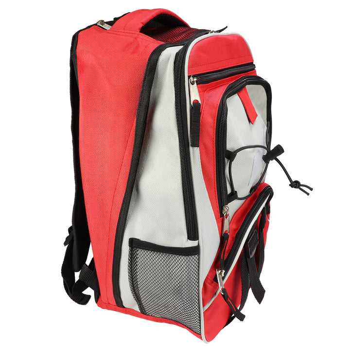side profile for multi purpose hikers backpack in ready for anything red