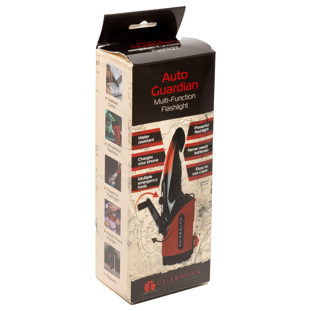 Auto Guardian Flashlight Retail Box for water resistant, cell phone charging emergency car and vehicle tool for emergencies.