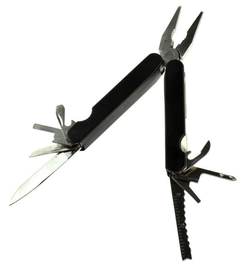 Leatherman style multifunction tool with pliers, knife, screwdriver and more.