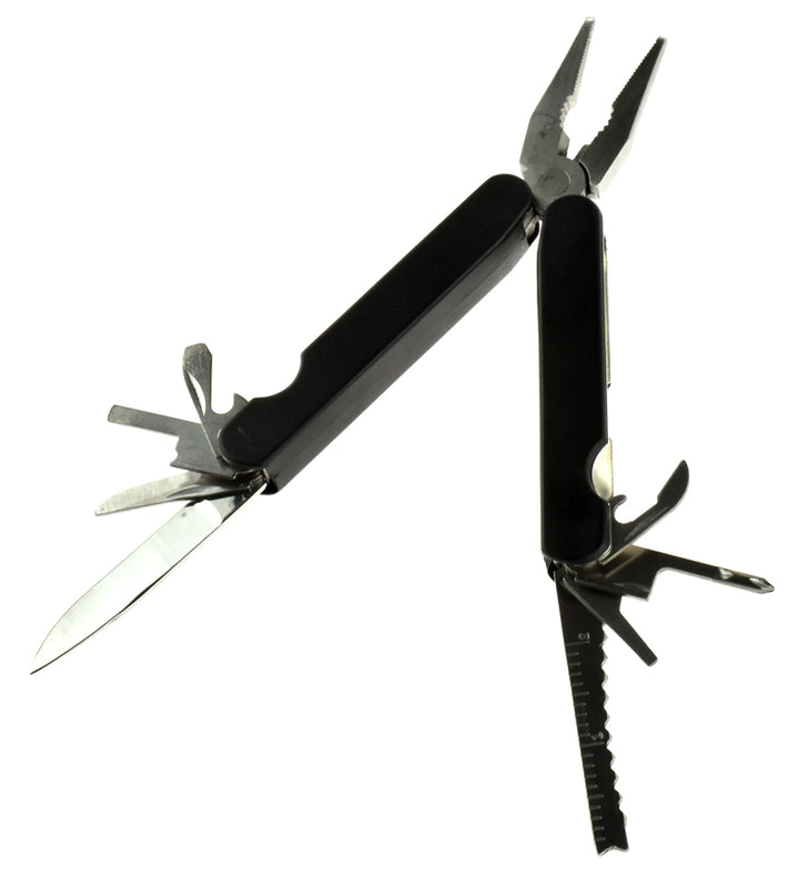 Leatherman style multifunction tool with pliers, knife, screwdriver and more.