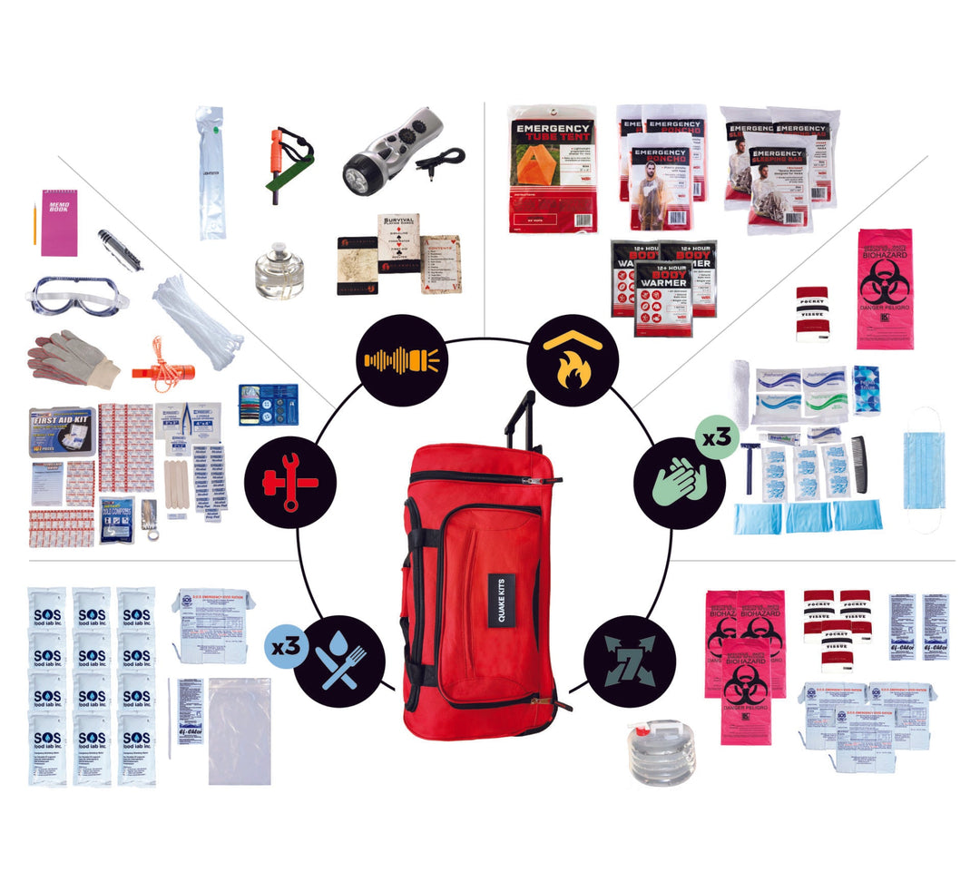 3 persons 1 week or 7 day survival kit in rolling wheel bag with water and food supplies
