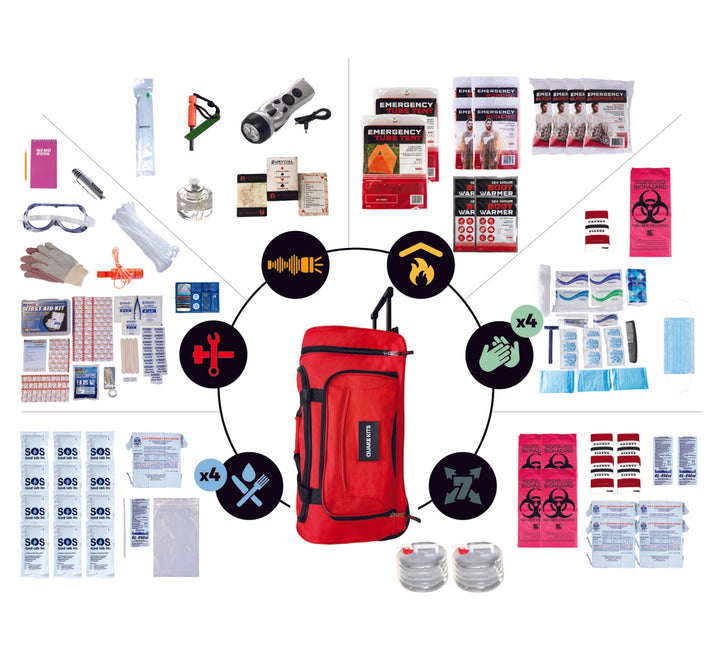 4 person 1 week family disaster kit for earthquakes and emergencies. Includes food and water supplies with tools and radio plus flashlight.