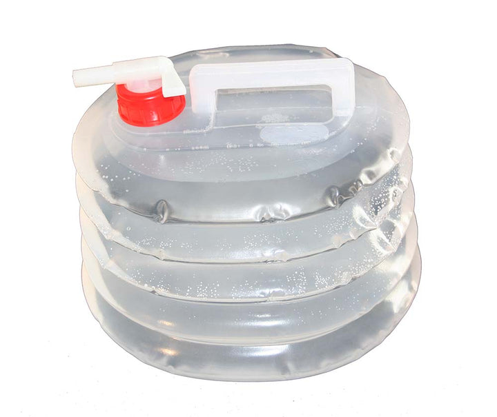 5 quart water carrier with spigot for camping and disaster preparedness.