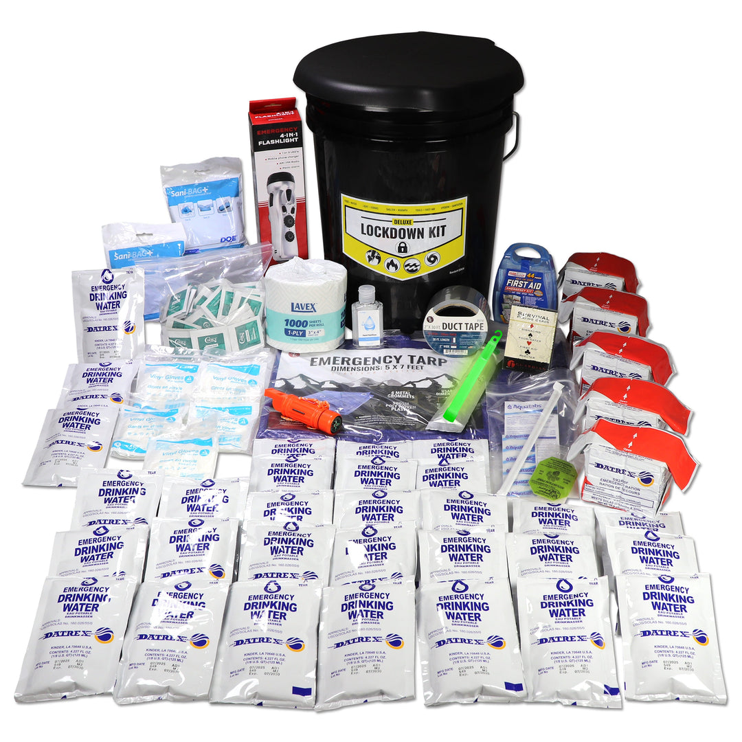 School Lockdown Kits emergency supplies including water, tarp, first aid items, and more for student and teacher safety.