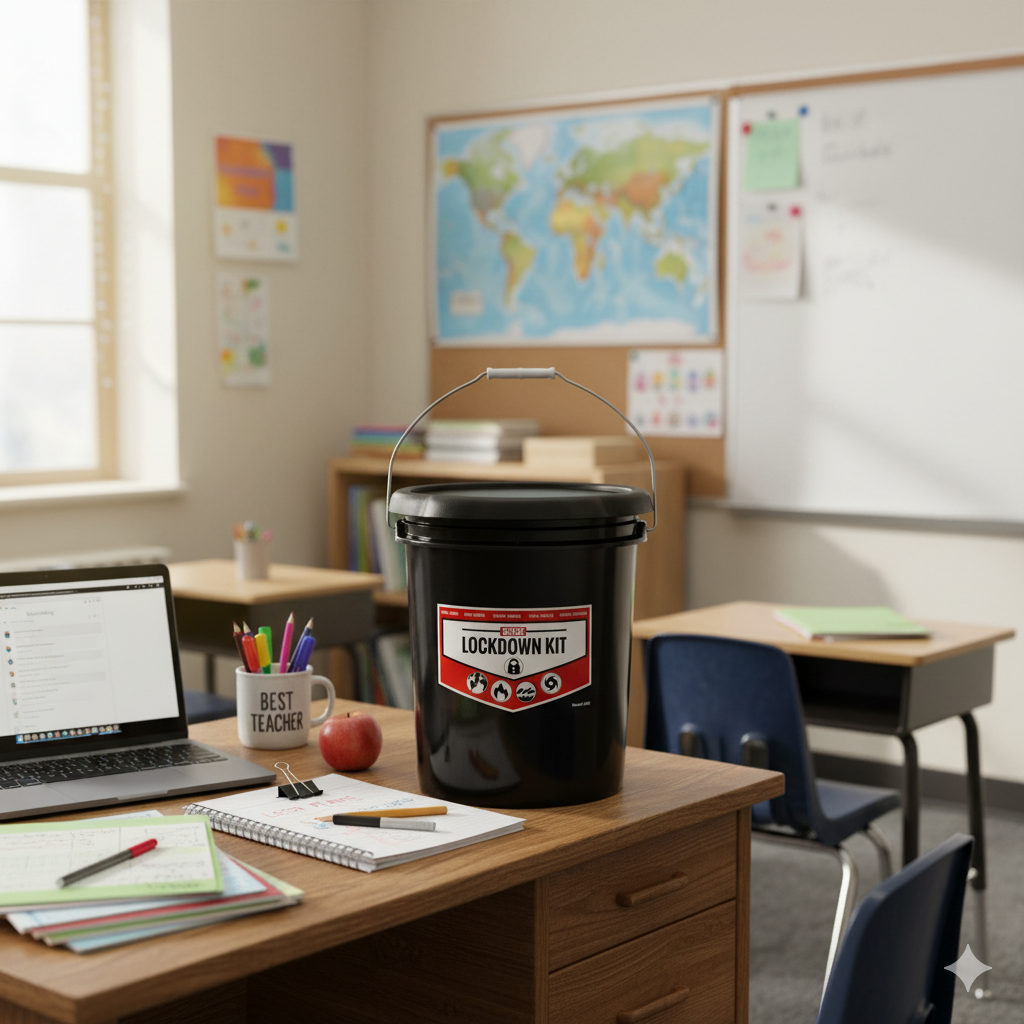 School Lockdown Kits emergency supplies including water, tarp, first aid items, and more for student and teacher safety.