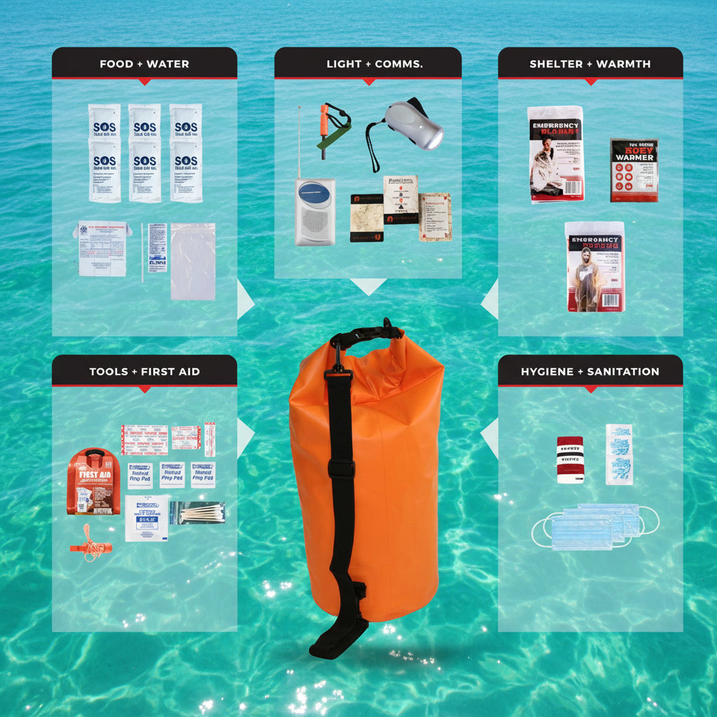Collection of survival kits with labels for food, water, light, communication, shelter, warmth, tools, first aid, and hygiene on a white background.