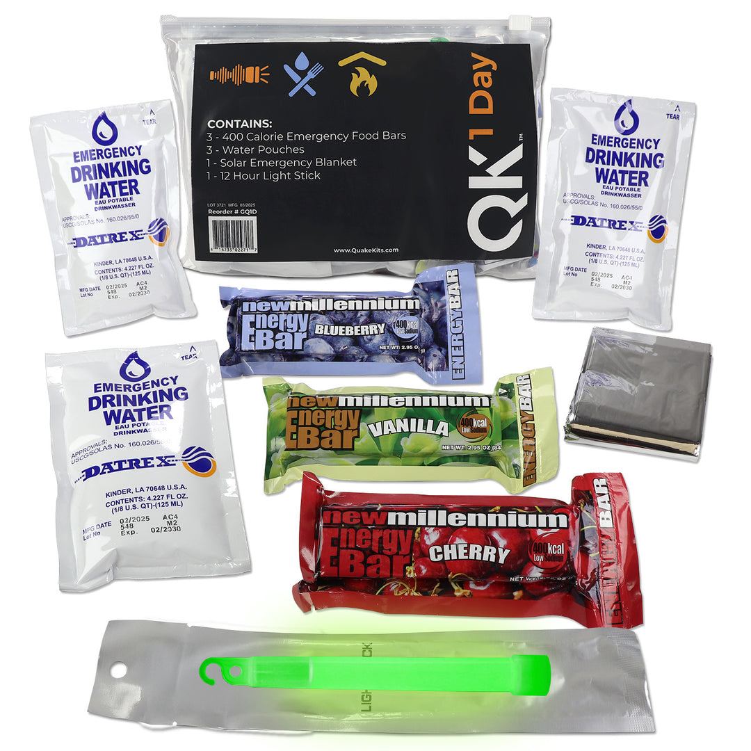 Quake Kits 1 Day Quick Grab Survival Kit with emergency food, water, and mylar blanket for 1 person.