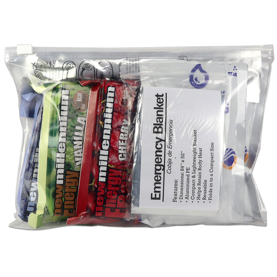 Quake Kits 1 Day Quick Grab Survival Kit in resealable bag with emergency blanket and energy bars.