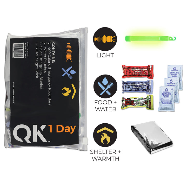 Quake Kits 1 Day Quick Grab Survival Kit in resealable bag, includes emergency food, light stick, and Mylar blanket.