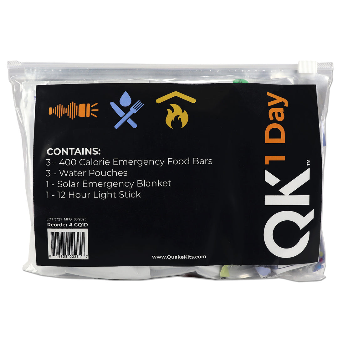 Quake Kits 1 Day Quick Grab Survival Kit in resealable bag with emergency food, water, blanket, and light stick.