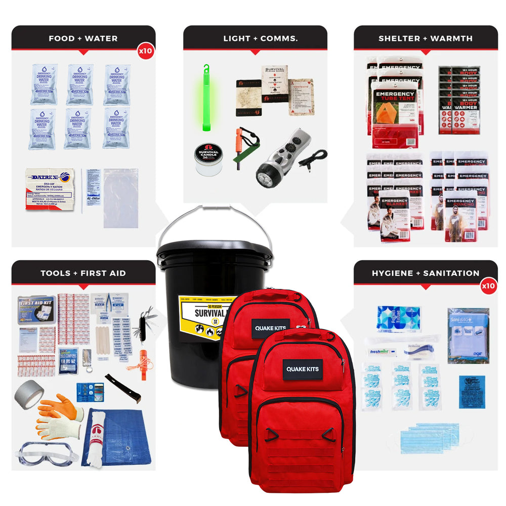 10 Person office and school survival kit with bucket toilet lid. Contains survival supplies, emergency food, emergency water. For earthquakes and other disasters. #kit-4
