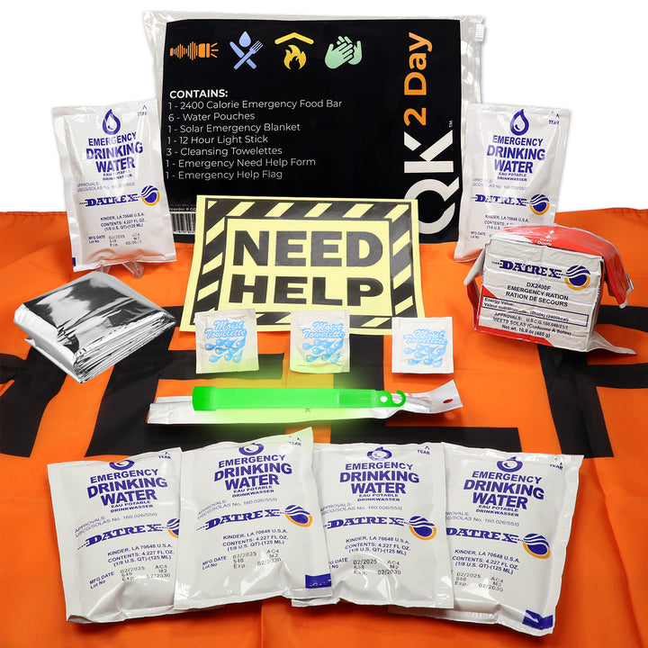1 person 48 hour survival kit with water, food, glow stick and mylar blanket. 